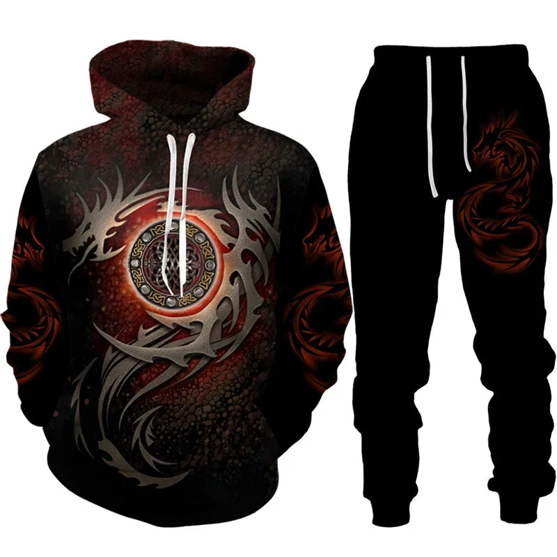 Hoodie Set Retro Dragon Tattoo 3D Print Heren Trainingspak Casual Oversized Losse Trui Pak Broeken Streetwear Mode Herenkleding