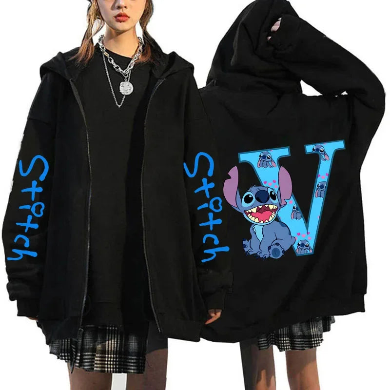 Hoody Sweatshirts Zip Up Dames Hoodies Schattige Rits Disney Lilo &amp; Stitch 26 Engelse Letters Print Hoodie Koppel Streetwear