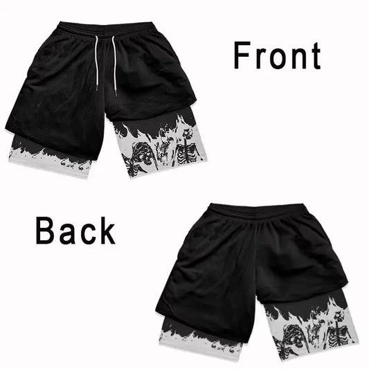 Zomer heren dubbellaagse shorts heren Anime hoge taille oversized ademende Athletic Gym korte broek Training Fitness shorts