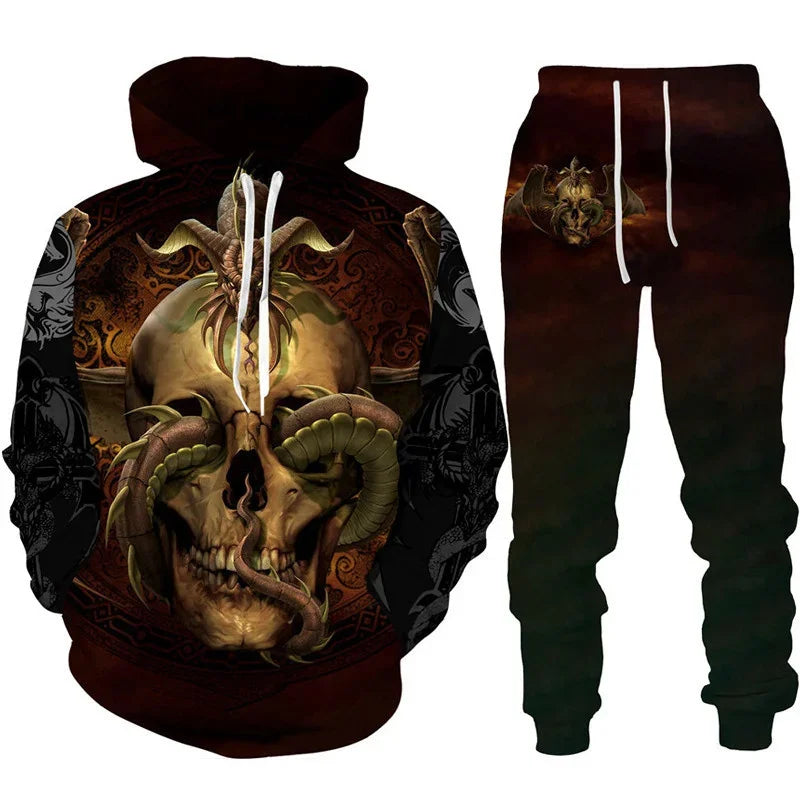 Hoodie Set Retro Dragon Tattoo 3D Print Heren Trainingspak Casual Oversized Losse Trui Pak Broeken Streetwear Mode Herenkleding