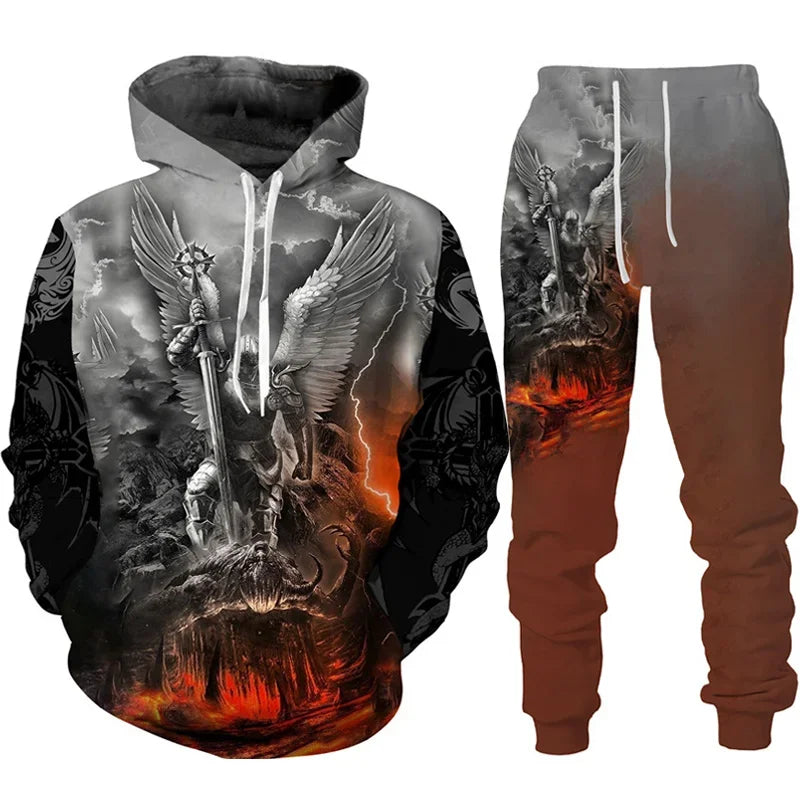 Hoodie Set Retro Dragon Tattoo 3D Print Heren Trainingspak Casual Oversized Losse Trui Pak Broeken Streetwear Mode Herenkleding