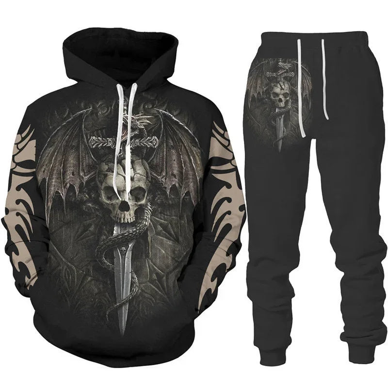 Hoodie Set Retro Dragon Tattoo 3D Print Heren Trainingspak Casual Oversized Losse Trui Pak Broeken Streetwear Mode Herenkleding