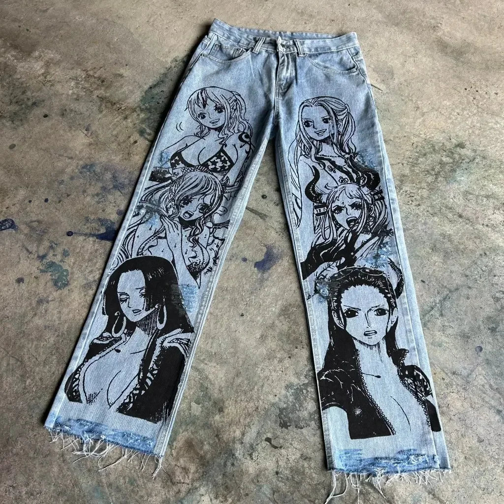 Harajuku Populaire Anime Print Baggy Jean Wijde Pijpen Broek Nieuwe Y2k Jeans voor Mannen Stijl Streetwear Vrouwen Hoge Taille Broek