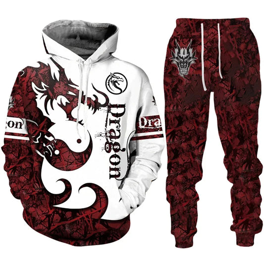 Hoodie Set Retro Dragon Tattoo 3D Print Heren Trainingspak Casual Oversized Losse Trui Pak Broeken Streetwear Mode Herenkleding