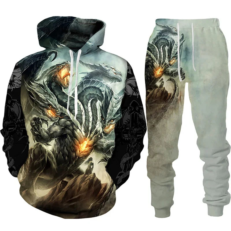 Hoodie Set Retro Dragon Tattoo 3D Print Heren Trainingspak Casual Oversized Losse Trui Pak Broeken Streetwear Mode Herenkleding