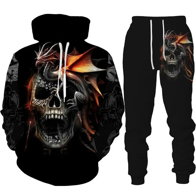 Hoodie Set Retro Dragon Tattoo 3D Print Heren Trainingspak Casual Oversized Losse Trui Pak Broeken Streetwear Mode Herenkleding