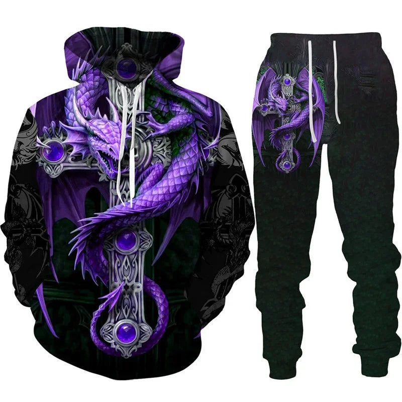 Hoodie Set Retro Dragon Tattoo 3D Print Heren Trainingspak Casual Oversized Losse Trui Pak Broeken Streetwear Mode Herenkleding